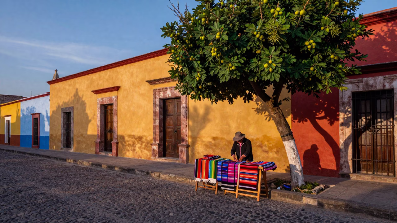 Colorful Oaxacan Street Scene at Dusk with Textile Vendor and Fig Tree in in Oaxaca, Mexico