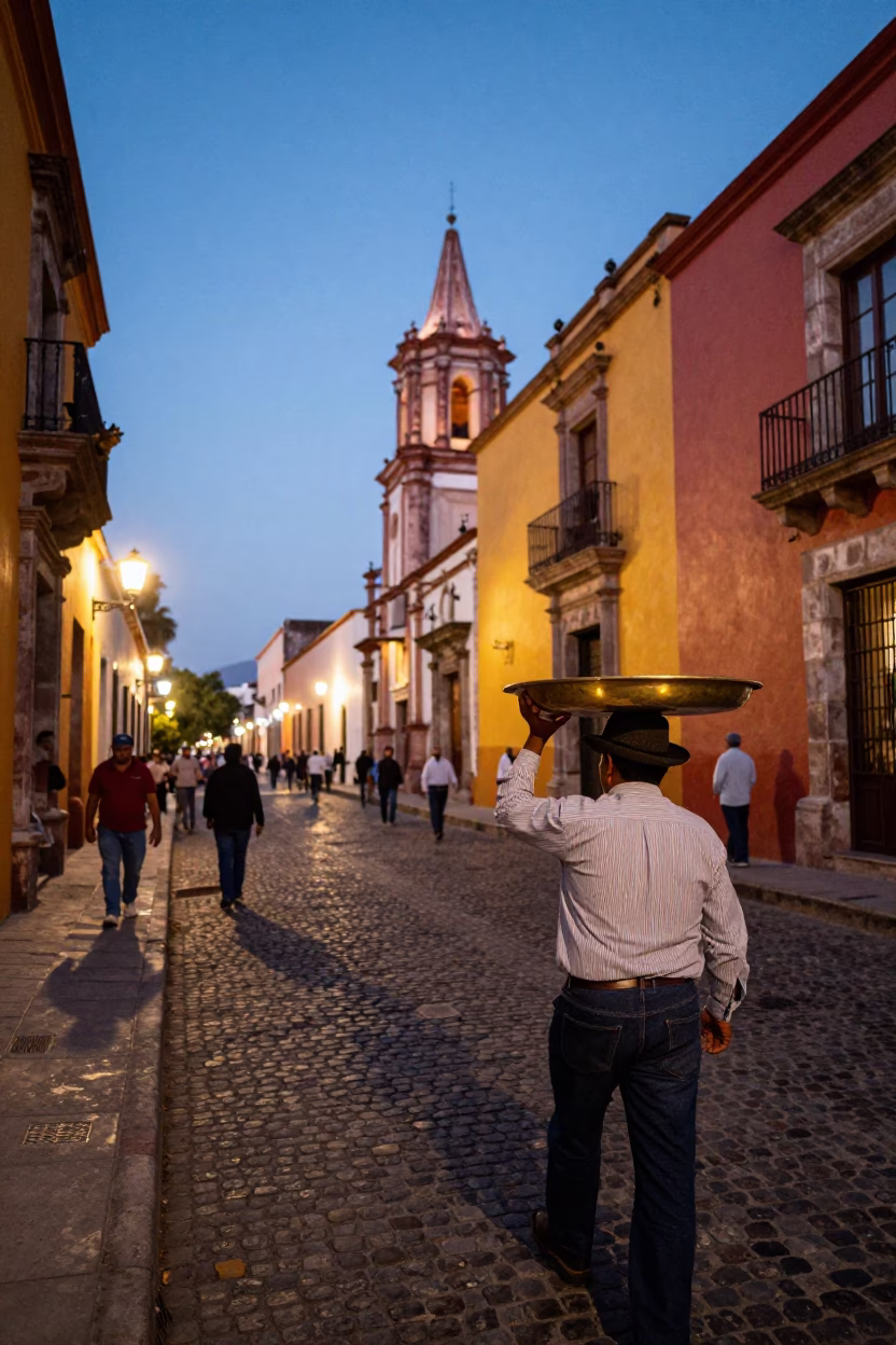 Colorful Oaxacan Street Scene at Dusk with Vintage Motorcycle and Local Culture in in Oaxaca, Mexico