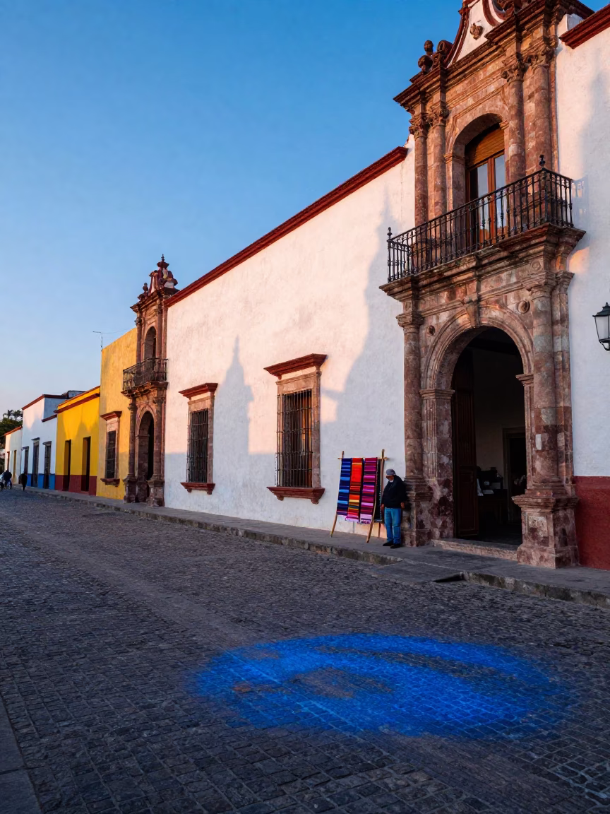 Colorful Oaxacan Street Scene at Nautical Dawn with Drying Rack and Pitcher in in Oaxaca, Mexico