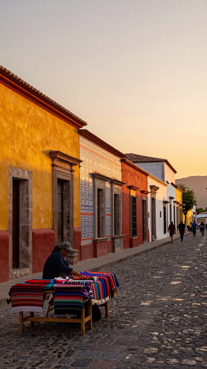 Colorful Oaxacan Street Scene at Sunset with Hand-Weaved Textiles and Local Market Life in in Oaxaca, Mexico