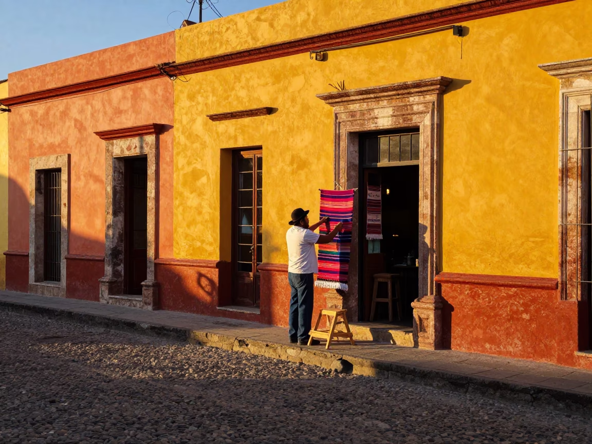 Colorful Oaxacan Street Scene at Sunset with Linen Fringe and Step Ladder in in Oaxaca, Mexico