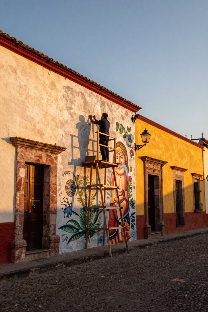 Colorful Oaxacan Street Scene at Sunset with Muralist Paint Swatches in in Oaxaca, Mexico