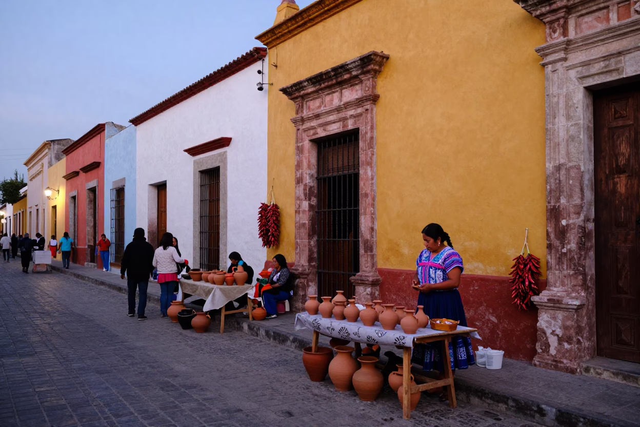 Colorful Oaxacan Street Scene Early Evening with Local Market Goods and Traditional Architecture in in Oaxaca, Mexico
