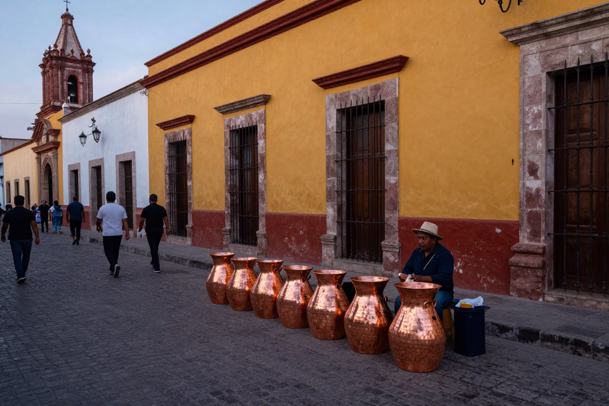 Colorful Oaxacan Street Scene with Copper Pots and Brooms at Early Evening in in Oaxaca, Mexico