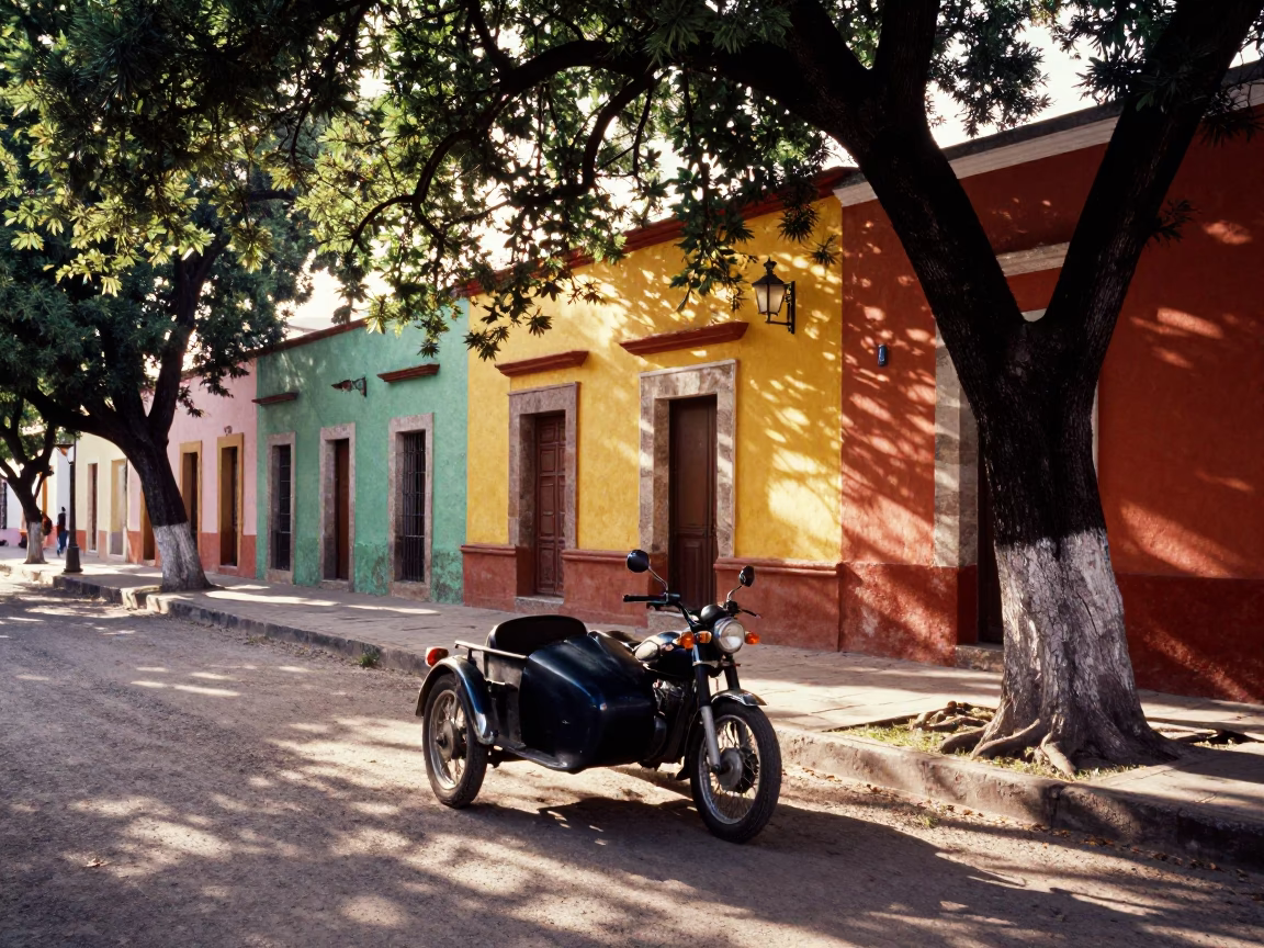 Colorful Oaxacan Street Scene with Vintage Motorcycle and Ox Cart in Late Afternoon Light in in Oaxaca, Mexico
