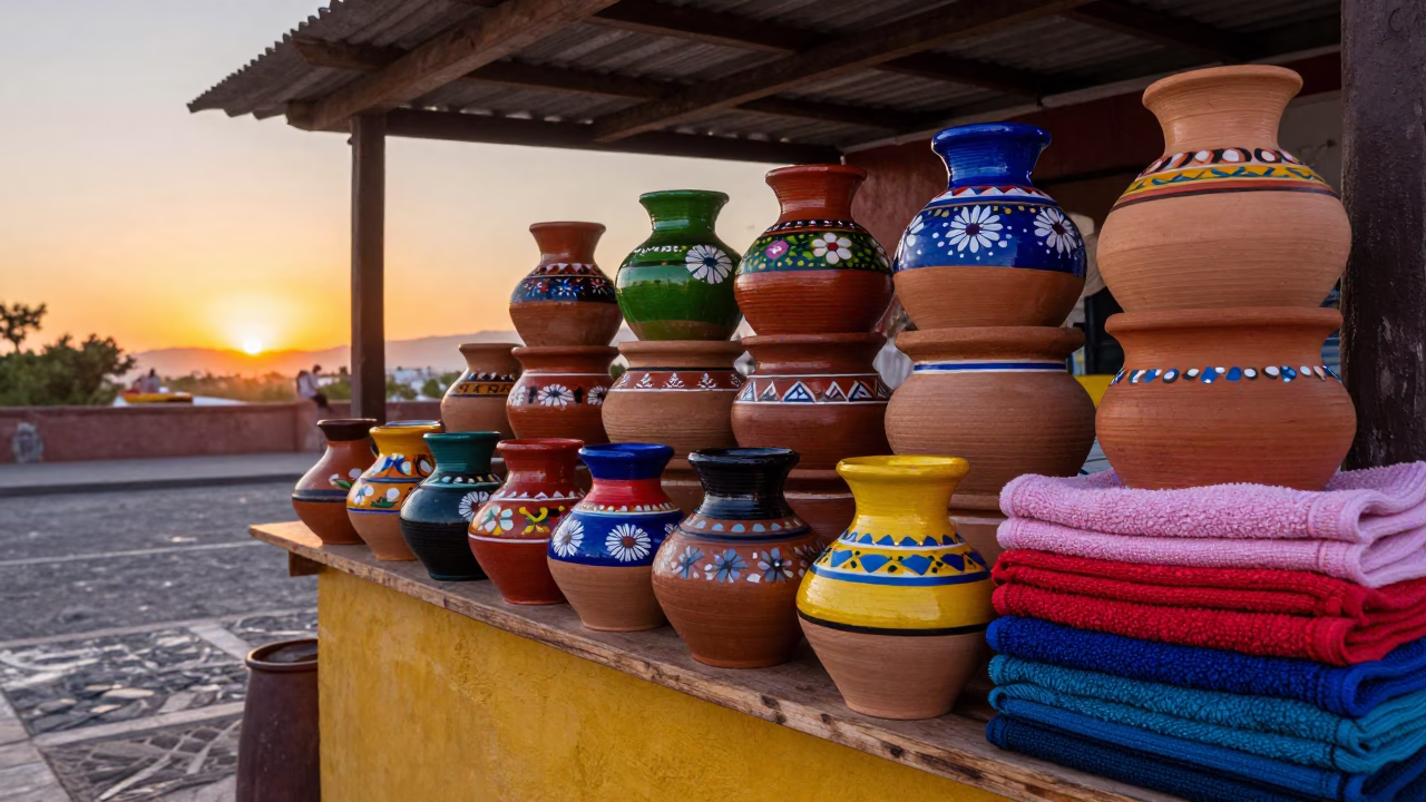Colorful Oaxacan Street Stall with Clay Pots and Hand Towels at Sunset in in Oaxaca, Mexico