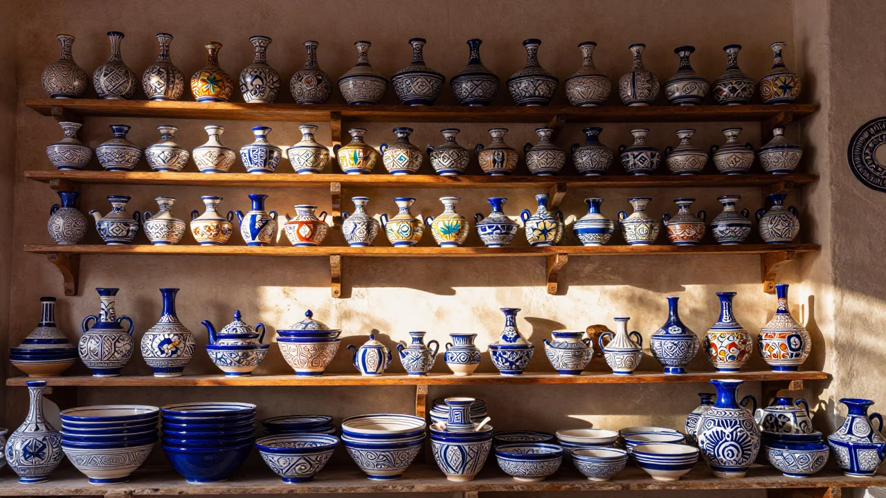 Colorful Oaxacan Workshop Interior with Hand-Painted Ceramics and Local Artisan Details in in Oaxaca, Mexico