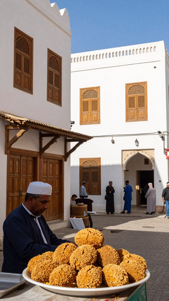 Colorful Omani Street Scene in Muscat Midmorning Light with Local Market Activity in in Muscat, Oman