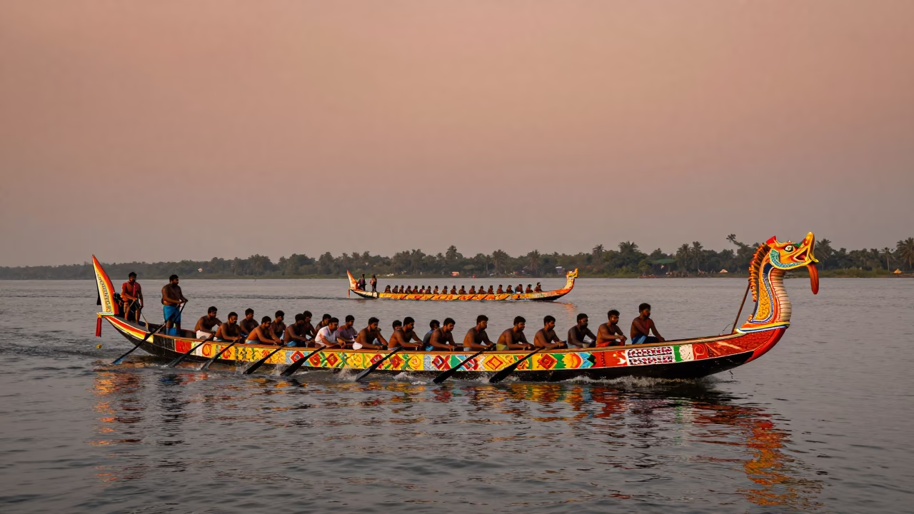 Colorful Onam Snake Boat Race on Kochi Backwaters in Copper Dusk Light in in Kochi, India