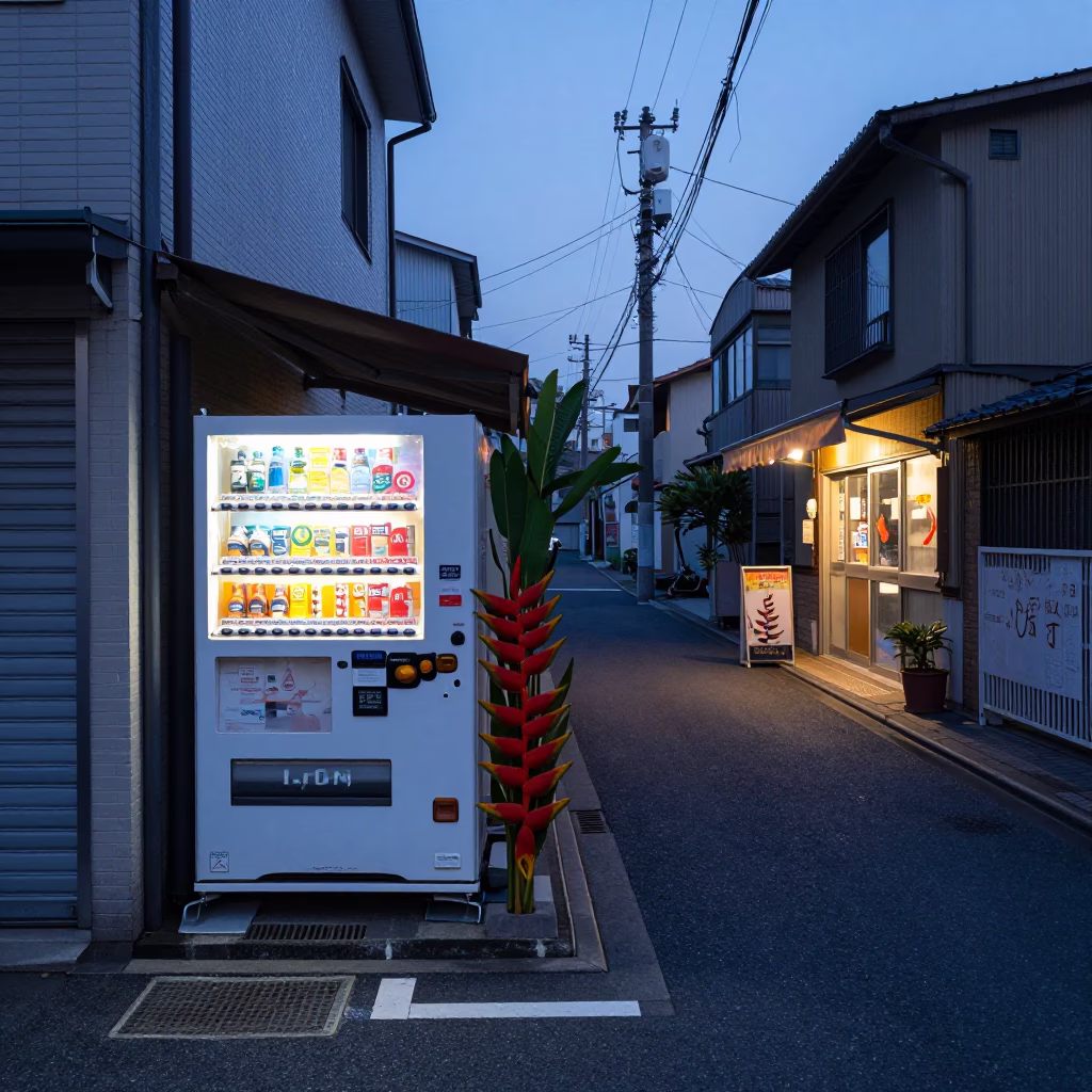 Colorful Osaka Convenience Store Display Before Sunrise with Heliconia and Tea Tins in in Osaka, Japan