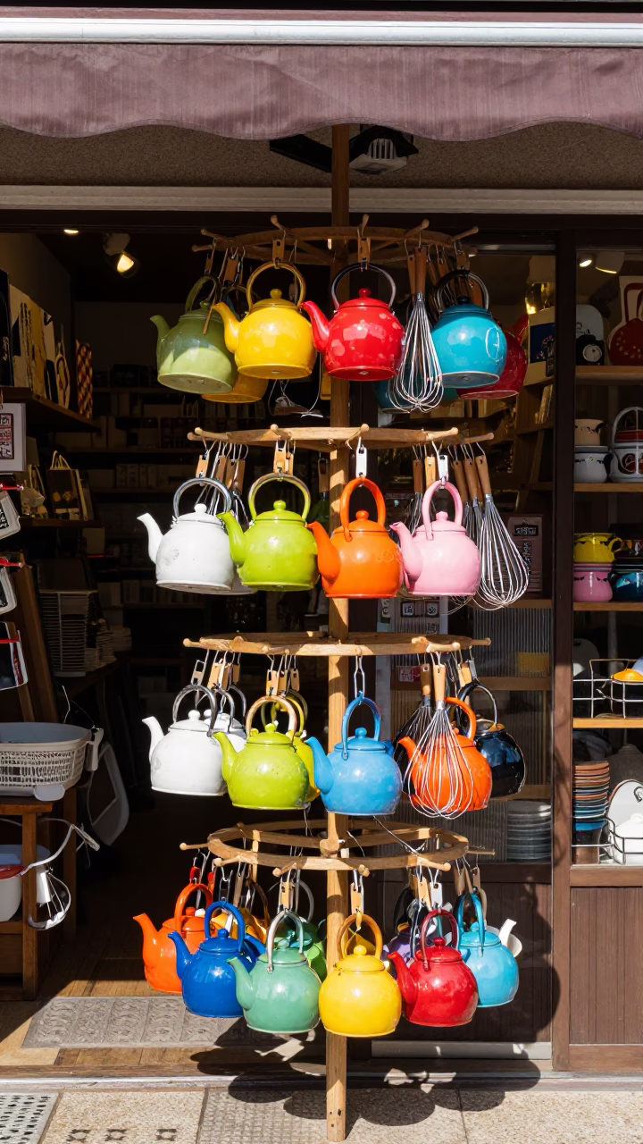 Colorful Osaka Shop Display at Noon with Whisks and Canisters in in Osaka, Japan