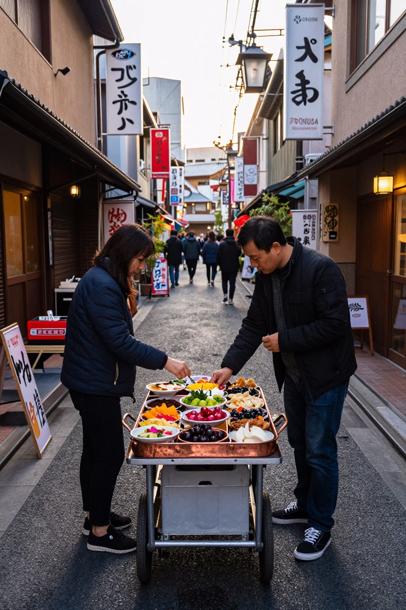 Colorful Osaka Street Scene Just After Sunrise with Meze and Local Interaction in in Osaka, Japan