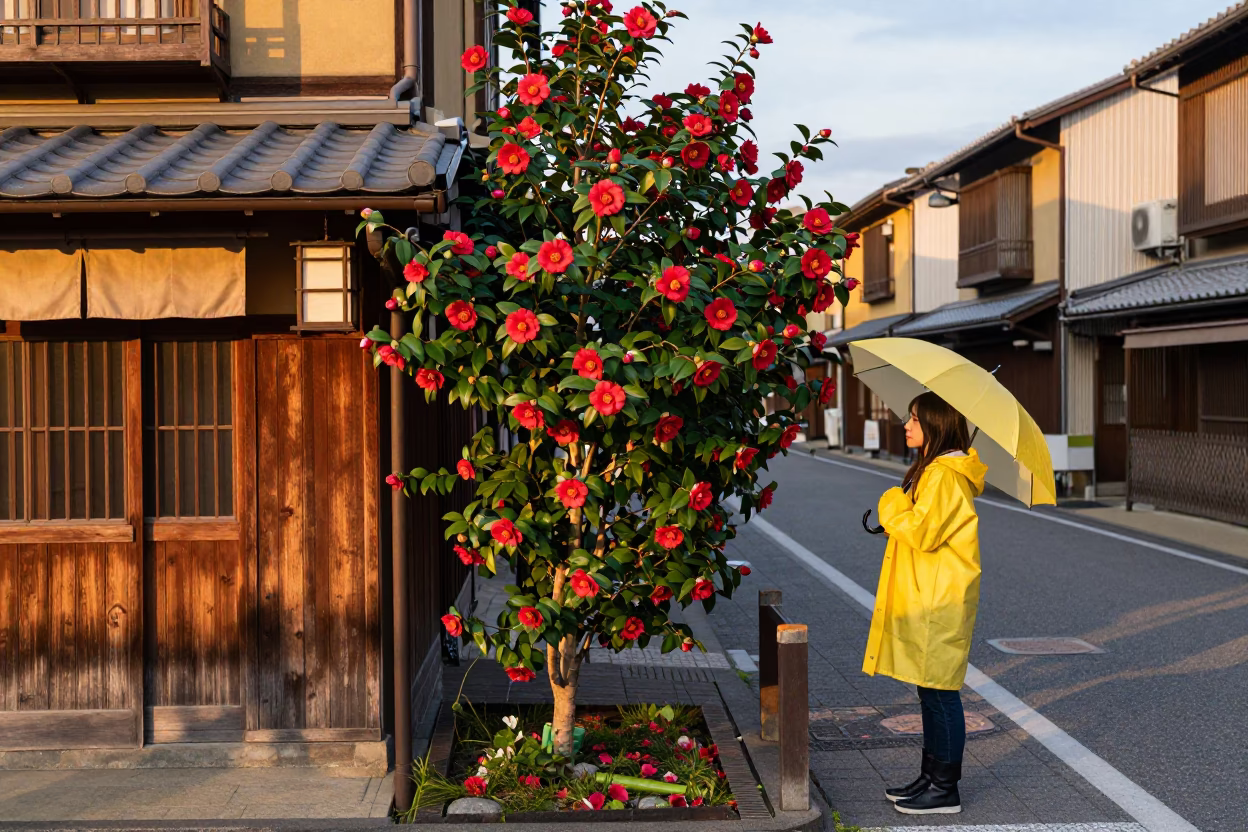 Colorful Osaka Street Scene with Camellia Blooms and Traditional Architecture in Evening Light in in Osaka, Japan