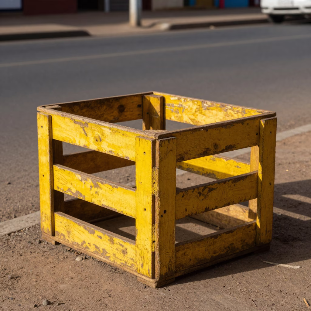 Colorful painted wooden crate on Durban South Africa street corner during early afternoon in in Durban, South Africa