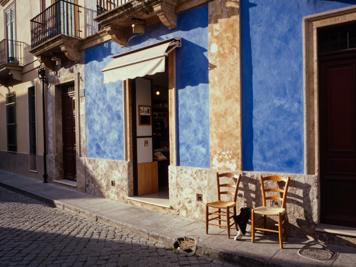 Colorful Palermo Street Scene Early Afternoon with Local Vendor and Wooden Spindle Chair in in Palermo, Italy