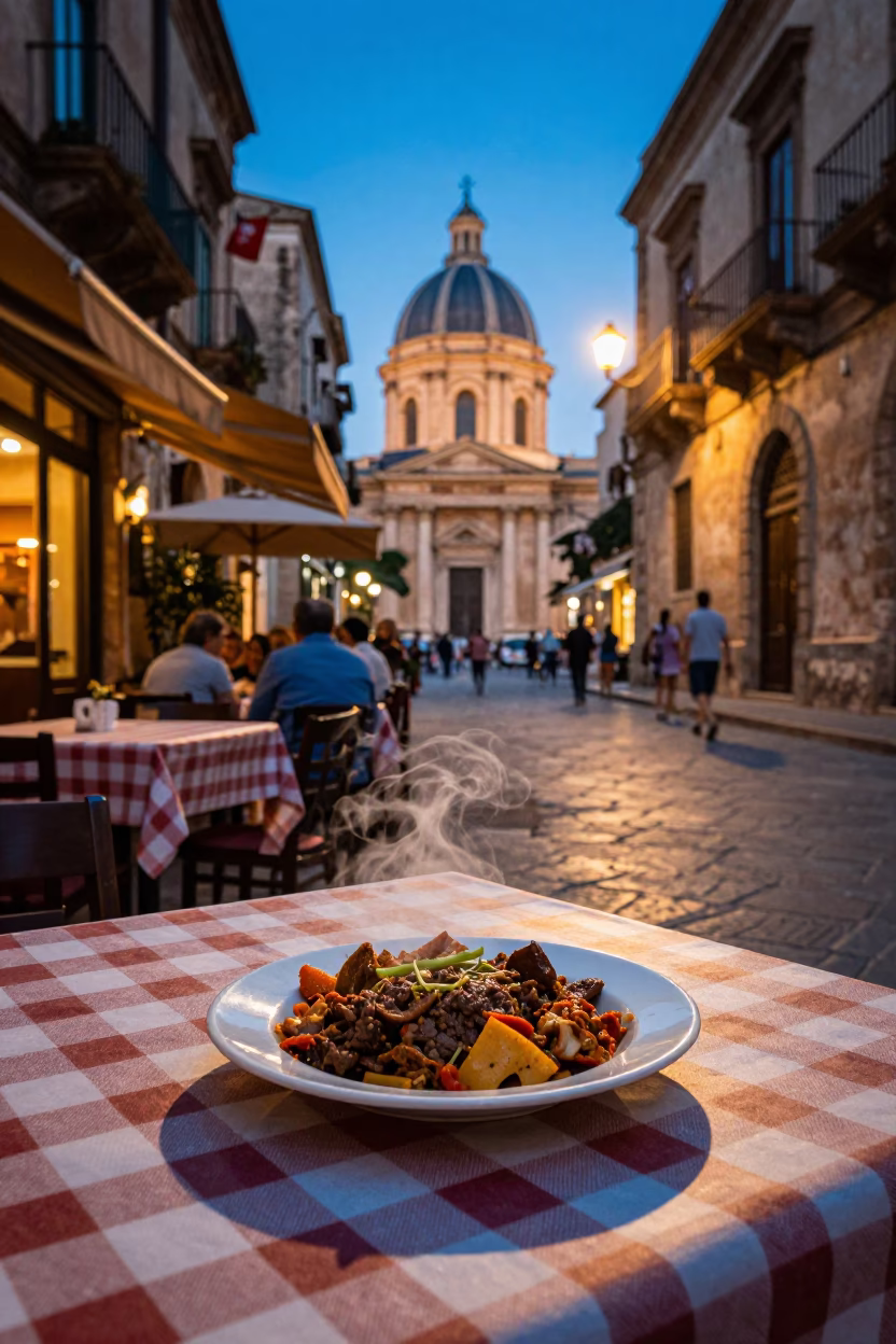 Colorful Palermo Street Scene with Imam Bayildi Plate and Local Dining in Early Evening in in Palermo, Italy