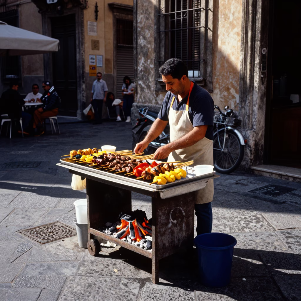 Colorful Palermo Street Vendor Selling Sate Skewers Over Charcoal in Late Afternoon Light in in Palermo, Italy