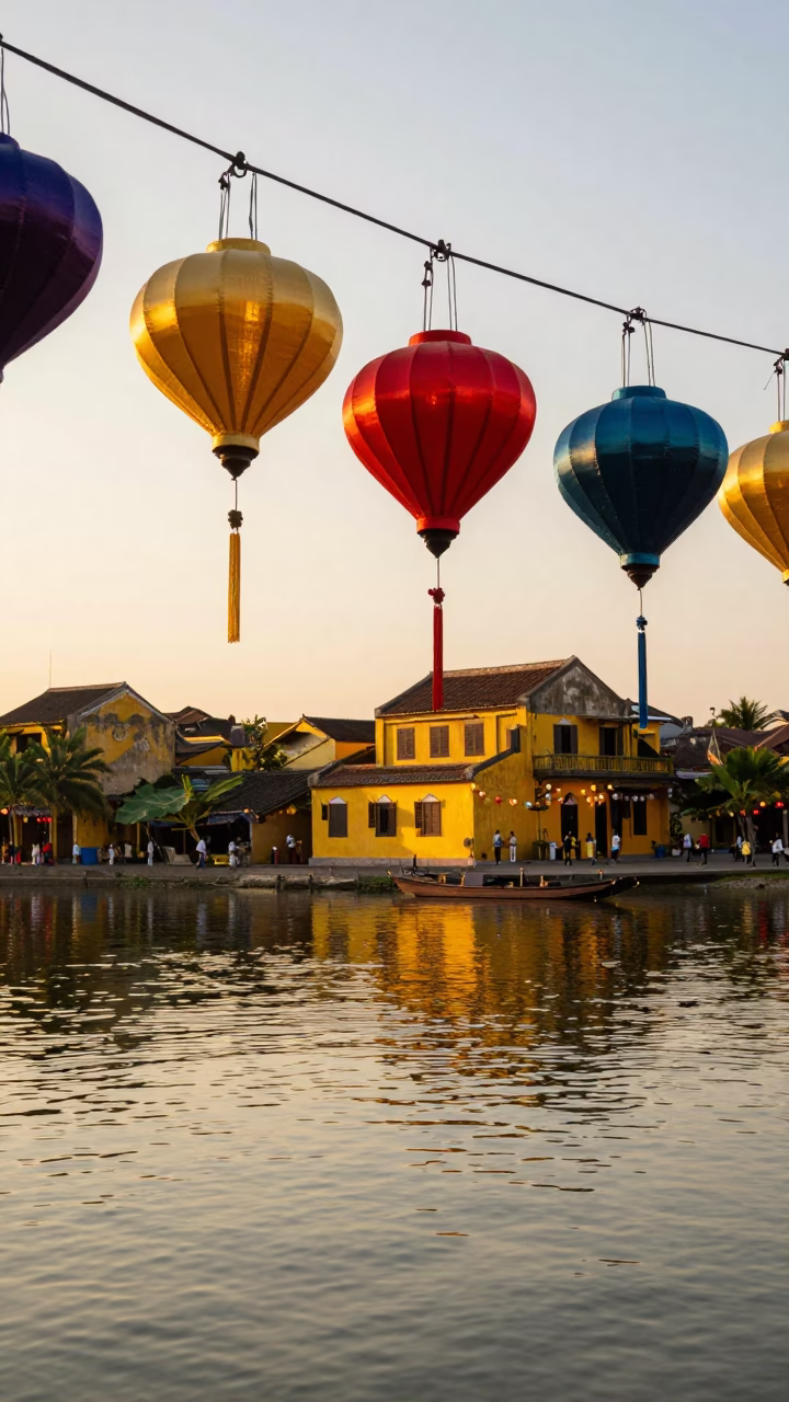 Colorful Paper Lanterns Hanging Above Hoi An River at Sunset in in Hoi An, Vietnam