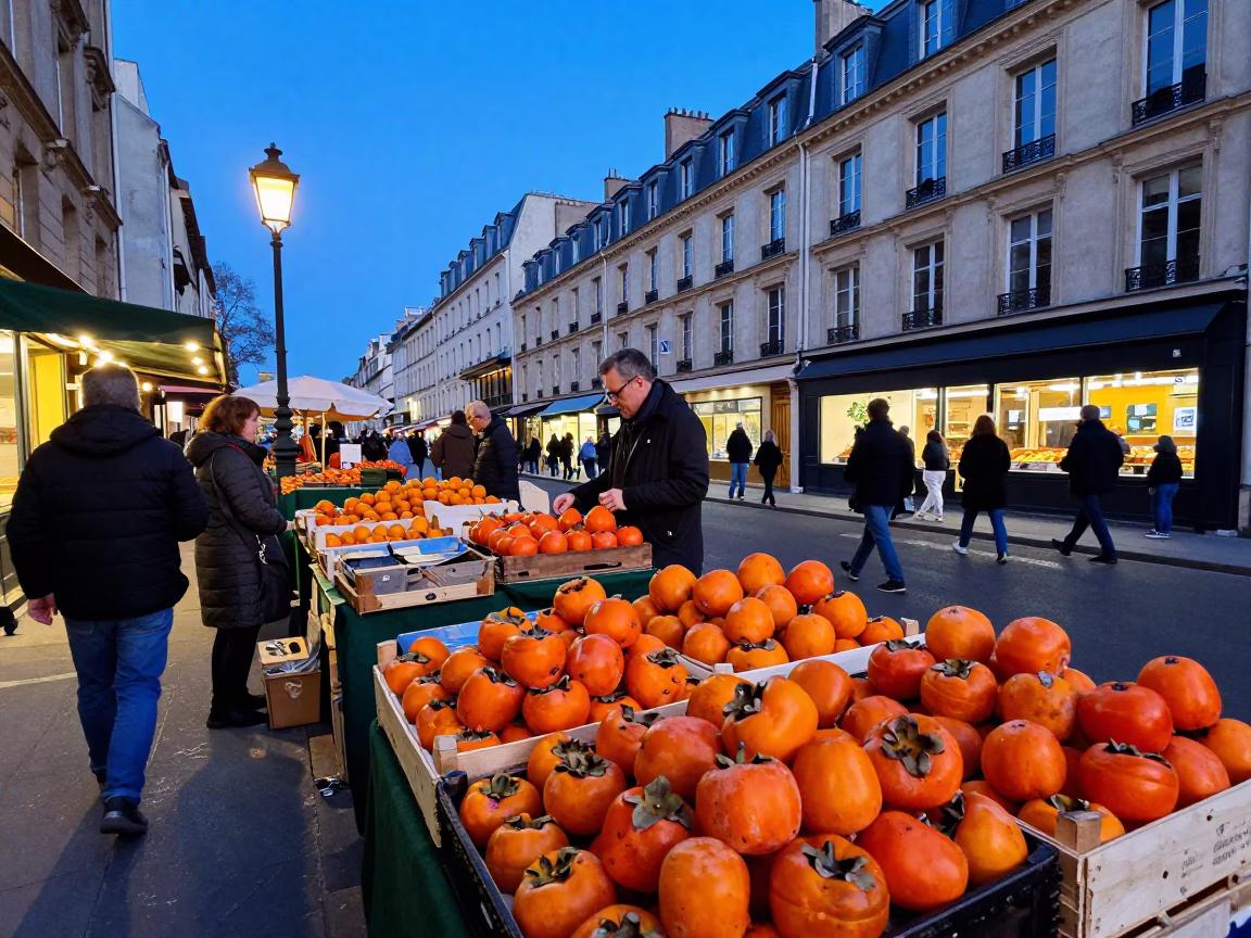 Colorful Parisian Street Scene at Blue Hour with Persimmons and Local Market Activity in in Paris, France