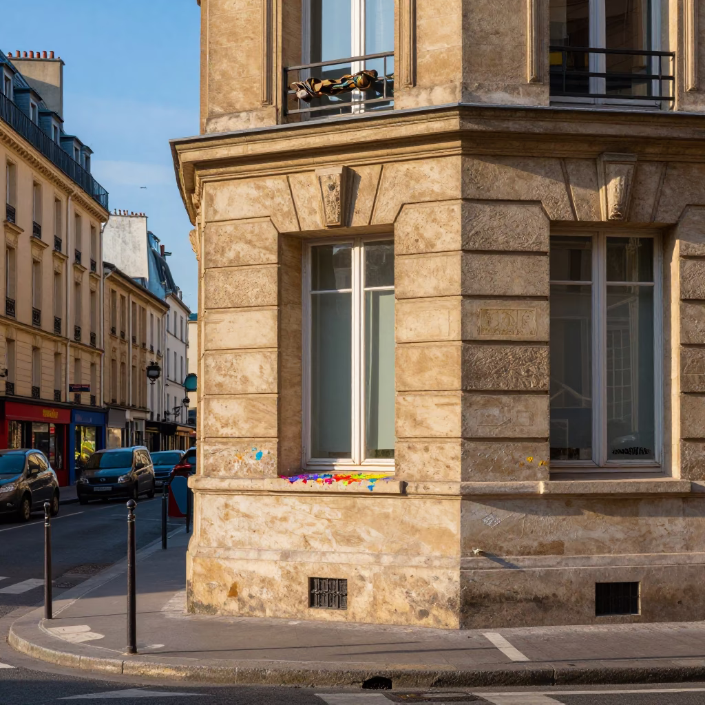 Colorful Parisian Street Scene with Paint Flecks on Sill in Late Afternoon Light in in Paris, France