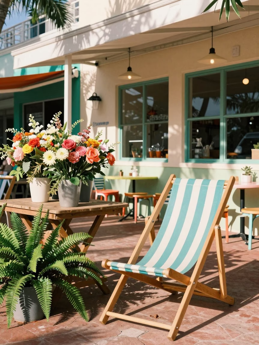 Colorful Patio Cafe Scene with Deck Chair and Florist Display in Miami in in Miami, Florida, United States