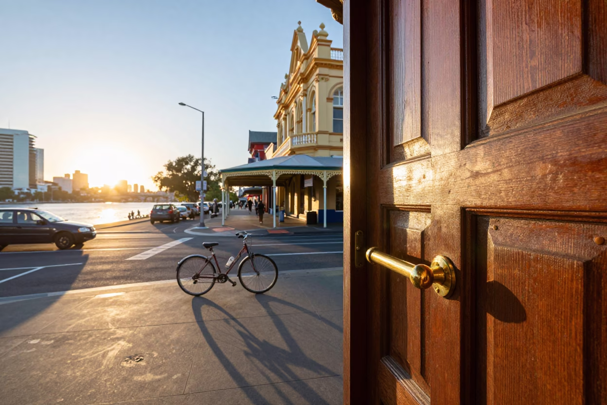 Colorful Perth Street Scene at Sunrise with Vintage Brass Handle and Urban Details in in Perth, Western Australia, Australia