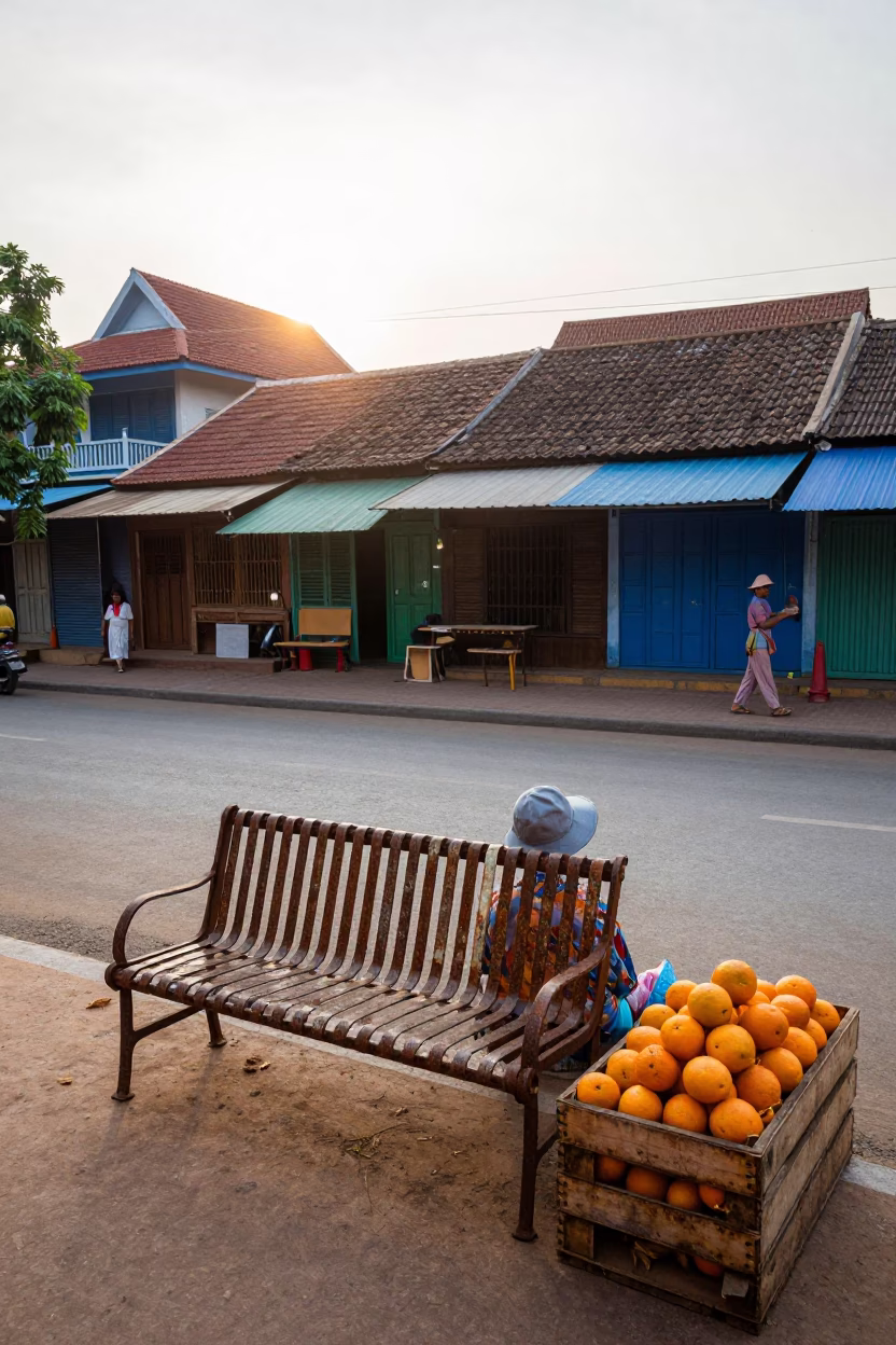 Colorful Phnom Penh Street Scene with Rusty Bench and Oranges at Sunrise in in Phnom Penh, Cambodia