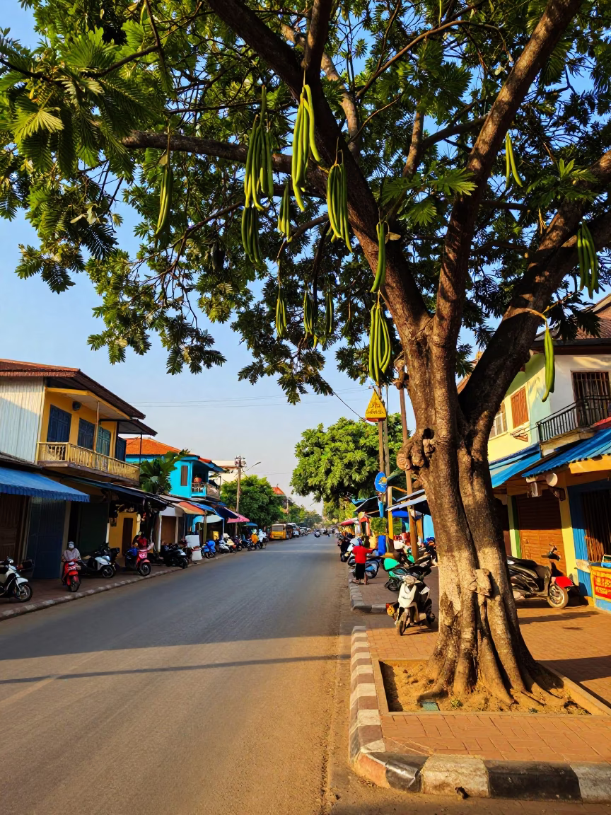 Colorful Phnom Penh Street Scene with Tamarind Tree and Local Life in Late Afternoon in in Phnom Penh, Cambodia