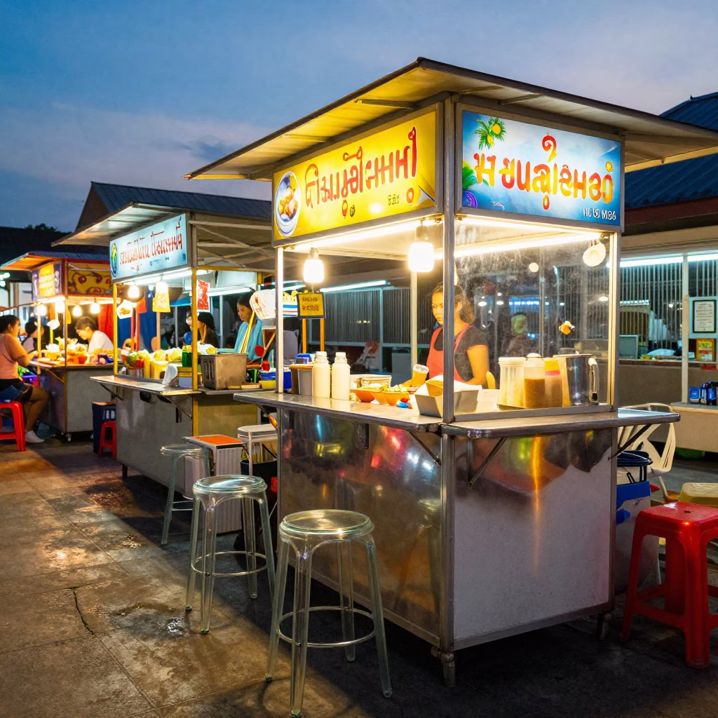 Colorful Phuket street food stall at dusk with glass stool and local patrons in in Phuket, Thailand