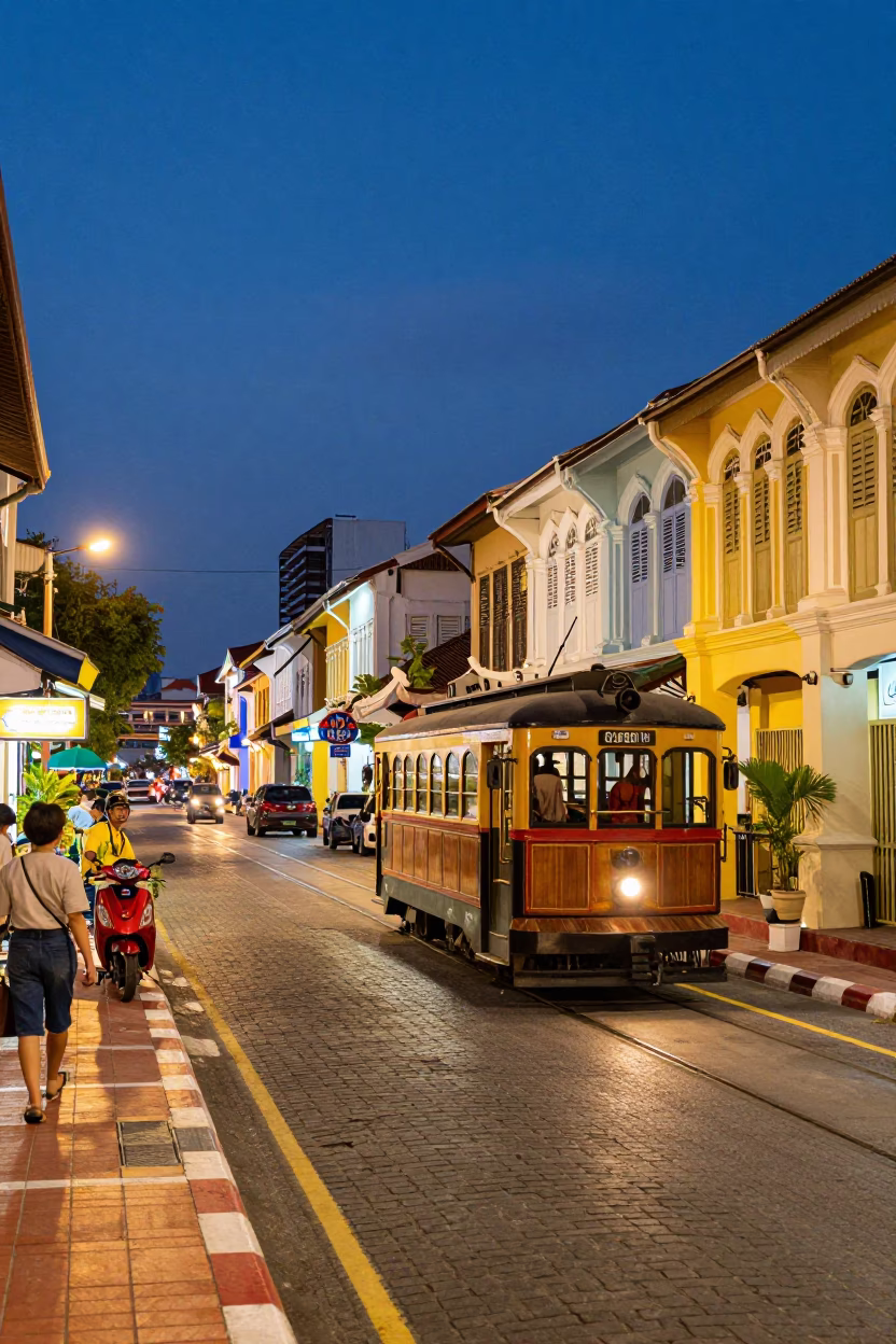 Colorful Phuket Street Scene at Dusk with Heritage Tram and Local Life in in Phuket, Thailand