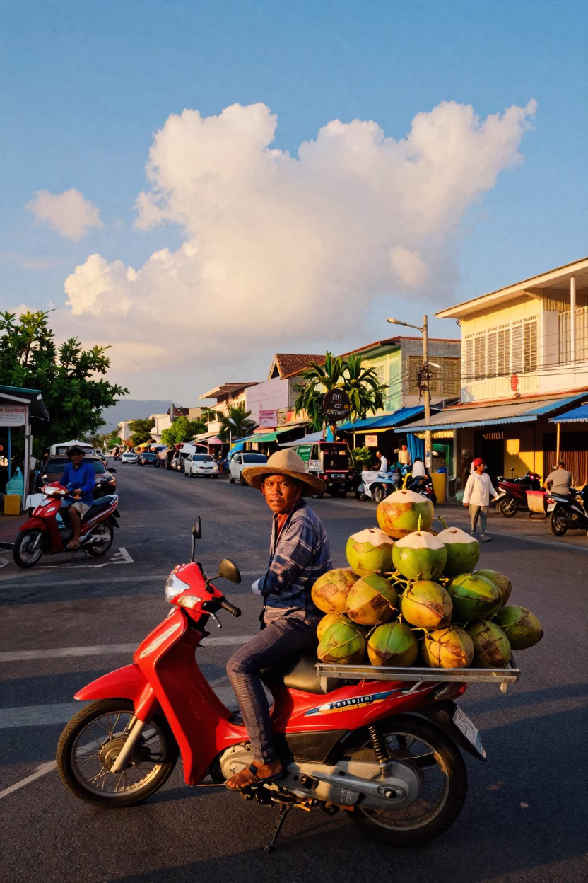 Colorful Phuket Street Scene with Morning Glory Clouds and Tropical Sky in in Phuket, Thailand