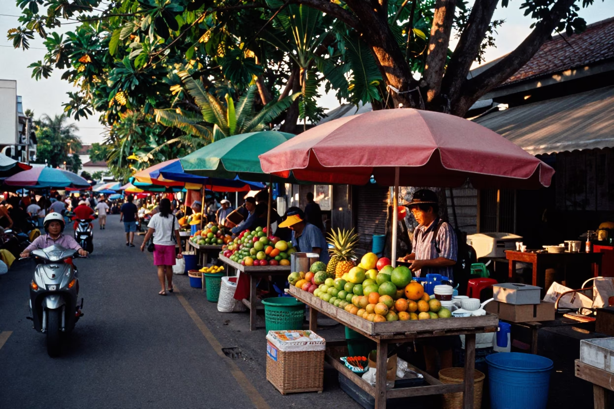 Colorful Phuket Thailand Street Scene Early Evening Local Market Activity in in Phuket, Thailand