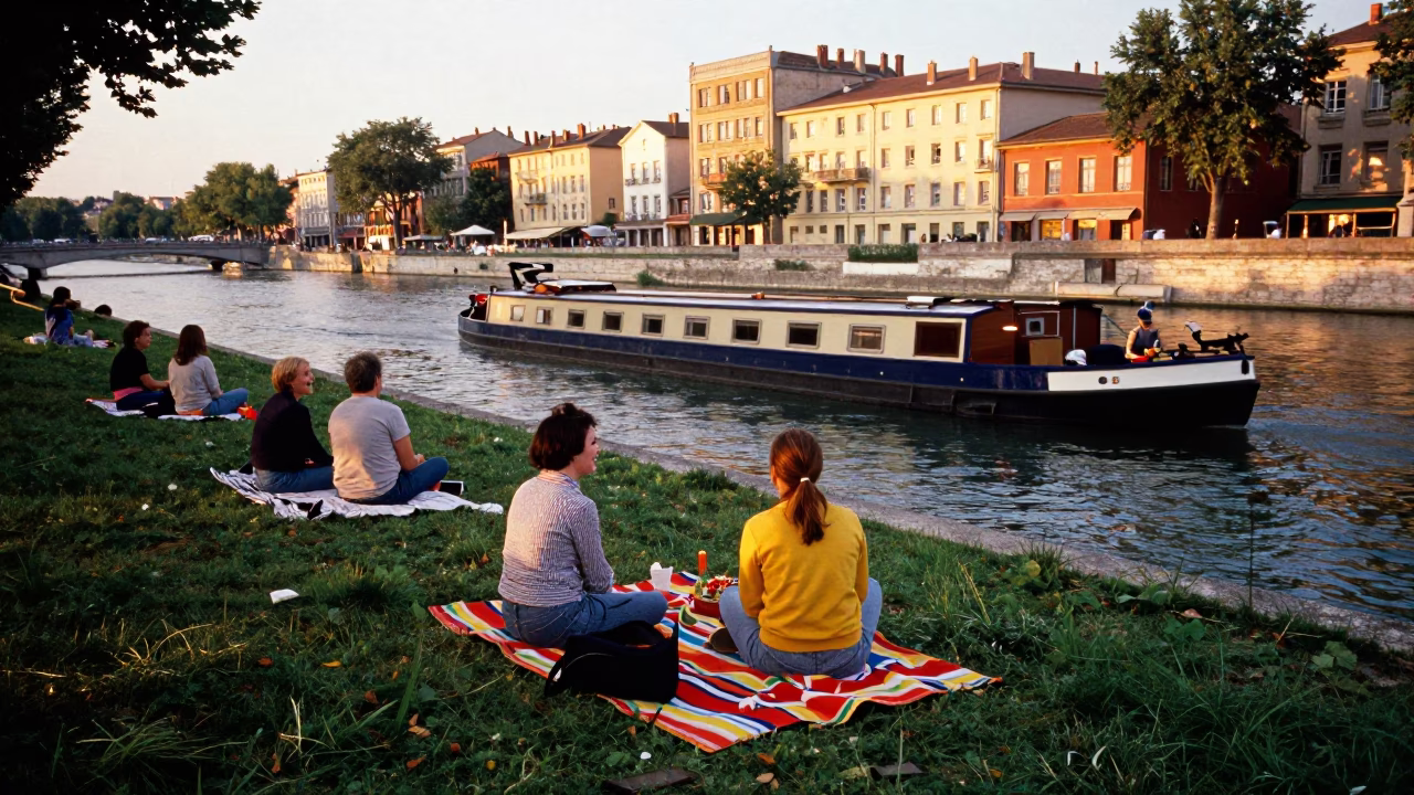 Colorful Picnic in Lyon France Evening Light with Canal Barge and Local Life in in Lyon, France