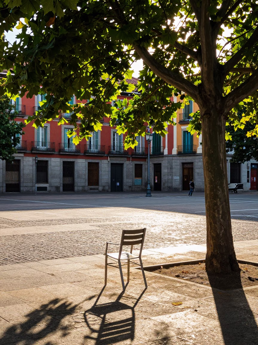 Colorful Plaza Scene in Madrid Spain Early Afternoon with Chair and Latch Details in in Madrid, Spain