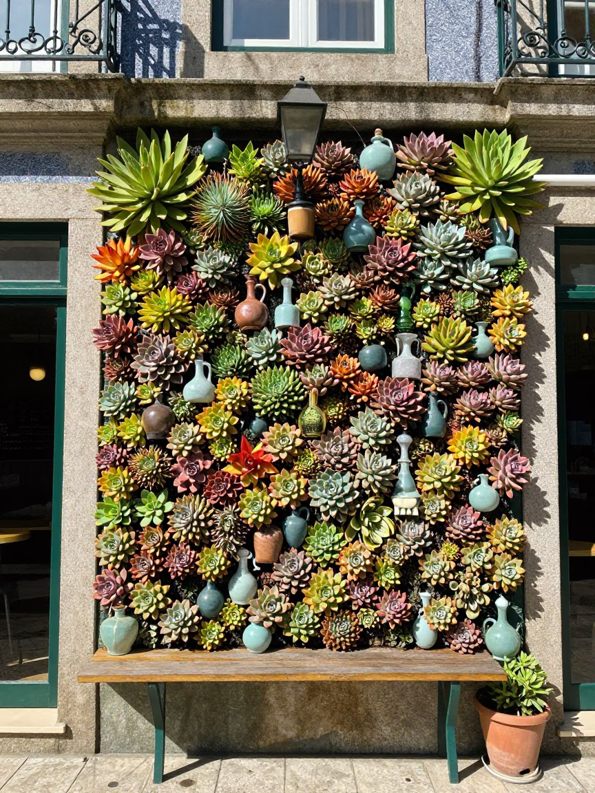 Colorful Porto Cafe Living Wall and Decanter Under Noon Sun in in Porto, Portugal