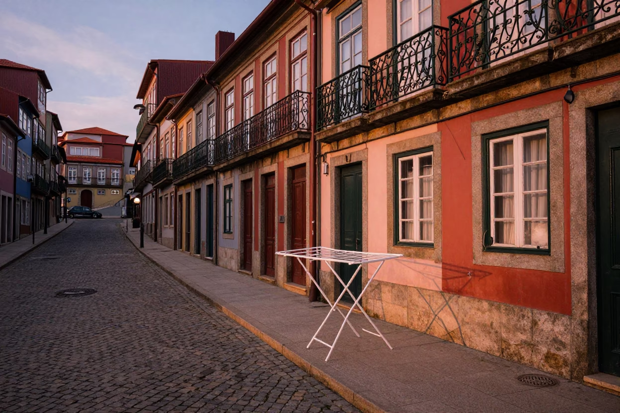 Colorful Porto Street Scene Before Dusk with Drying Rack and Local Life in in Porto, Portugal