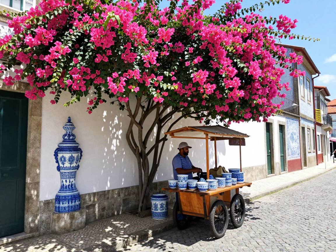 Colorful Porto Street Scene with Blue White Porcelain and Bougainvillea at Midday in in Porto, Portugal