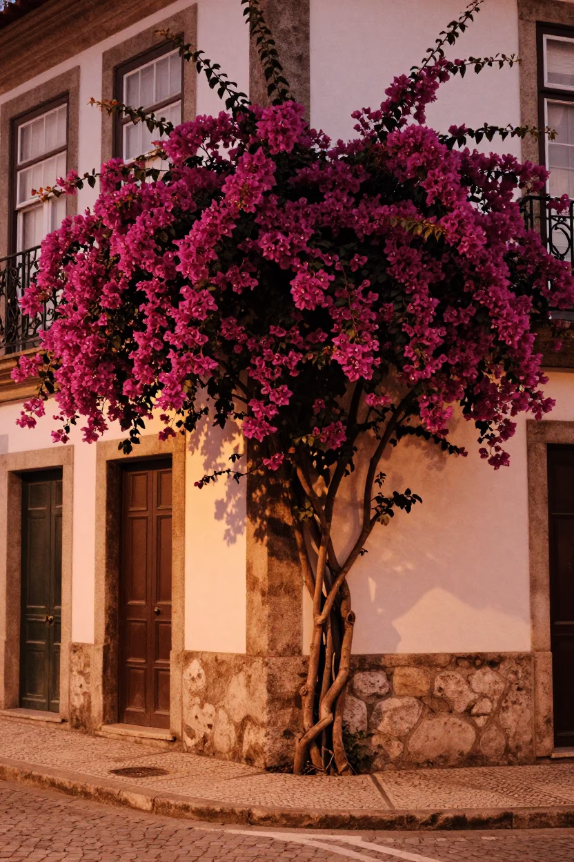 Colorful Porto Street Scene with Bougainvillea and Vintage 1970s Charm in in Porto, Portugal