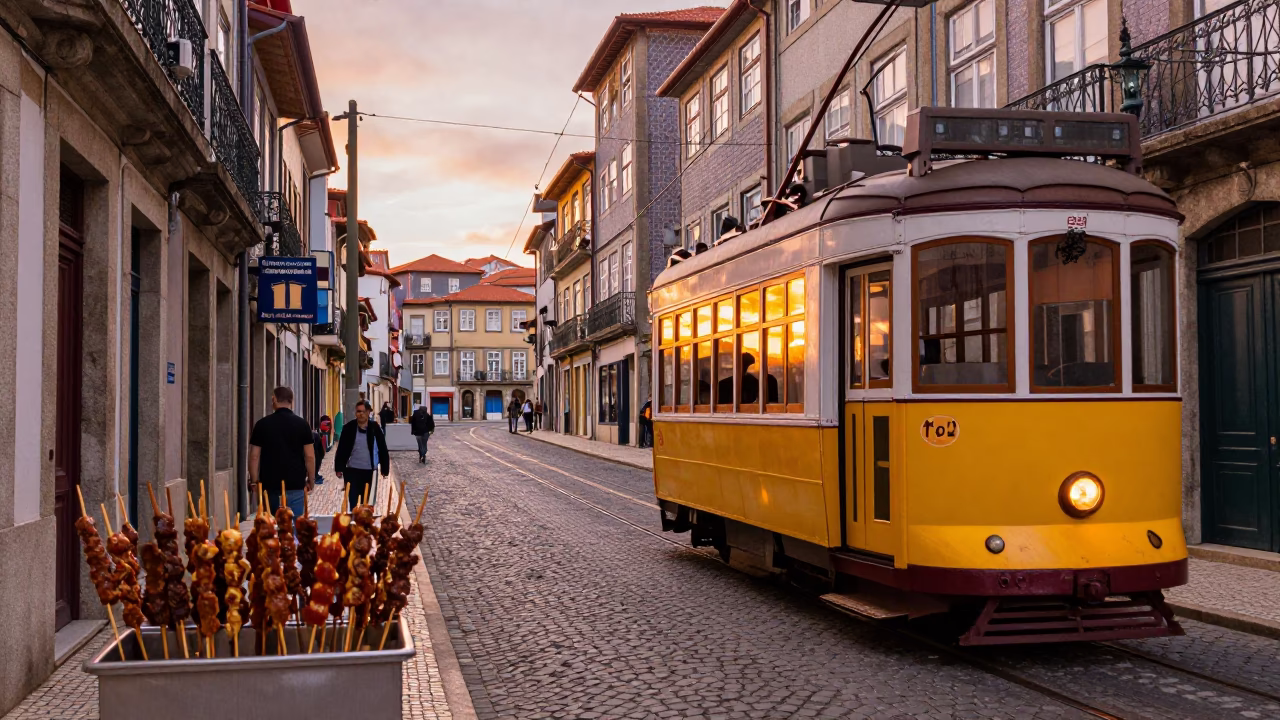 Colorful Porto Street Scene with Tram and Suya Skewers in in Porto, Portugal