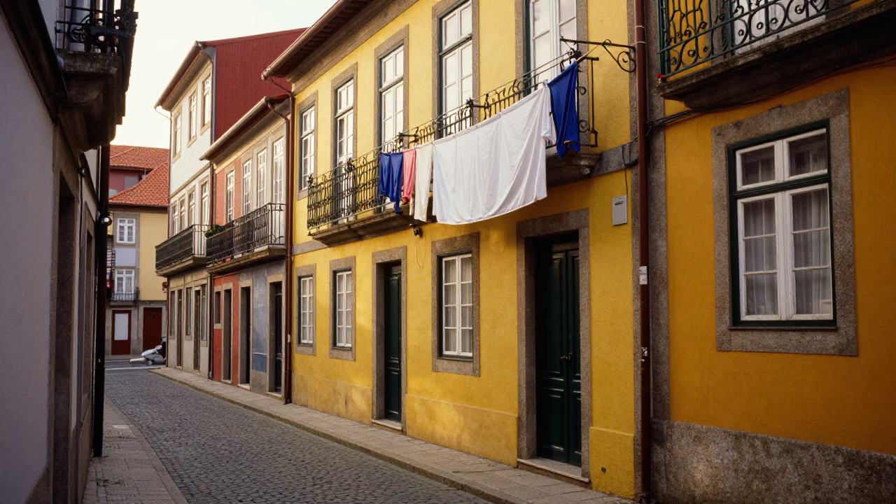 Colorful Portuguese Facade with Hanging Laundry and Street Life in in Porto, Portugal