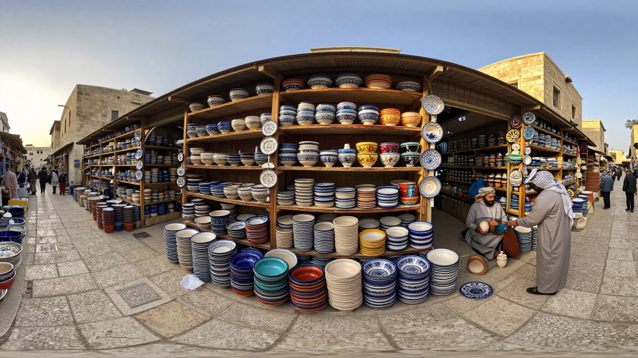 Colorful Pottery Market in Amman Jordan Just After Sunrise with Stacked Wares in in Amman, Jordan