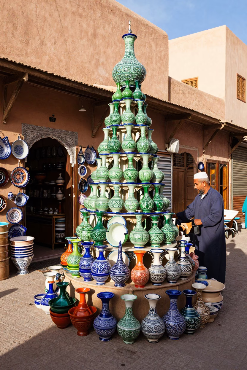 Colorful Pottery Market Stall in Marrakech Medina Early Afternoon Sunlight in in Marrakech, Morocco