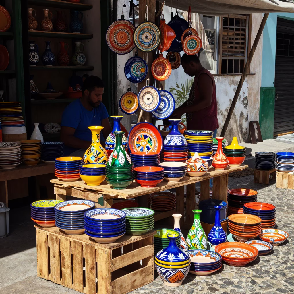 Colorful Pottery Market Stall in Salvador Brazil Midday Sunlight in in Salvador, Brazil