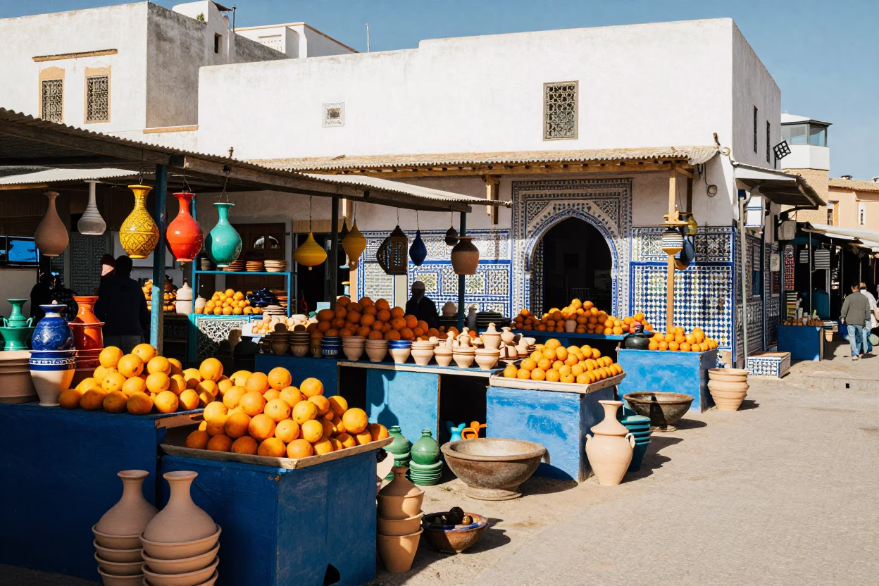 Colorful Pottery Market Stalls in Essaouira Morocco with Oranges and Mortar Pestle in in Essaouira, Morocco