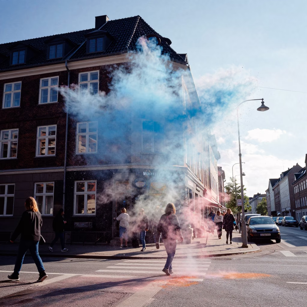 Colorful Powder Clouds Rising Over Copenhagen Street During Late Morning in in Copenhagen, Denmark