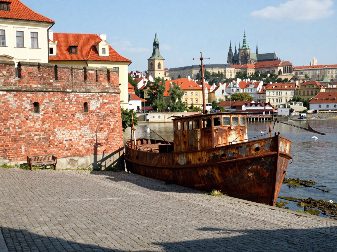 Colorful Prague Street Scene Midday with Rusting Ship and Condensation on Mirror in in Prague, Czech Republic