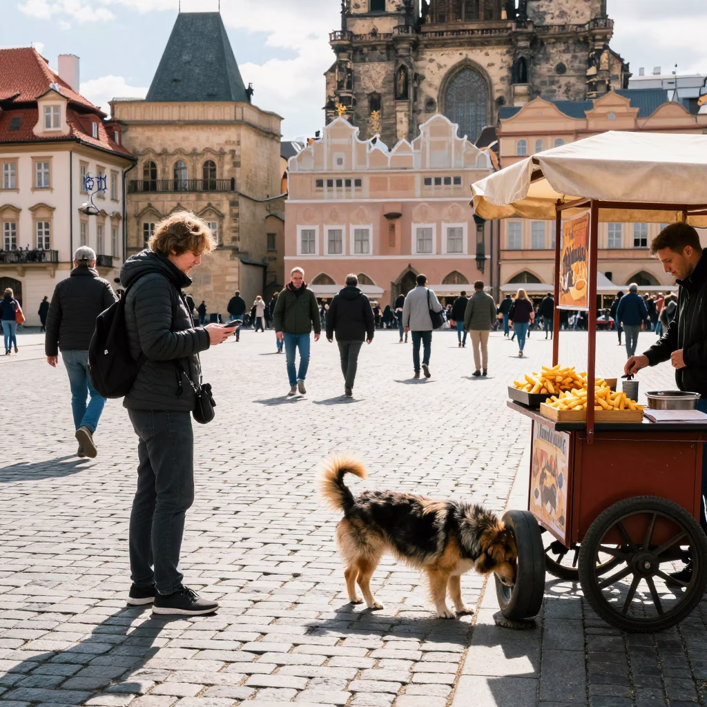 Colorful Prague Street Scene with Belgian Frites and Shetland Sheepdog at Midday in in Prague, Czech Republic
