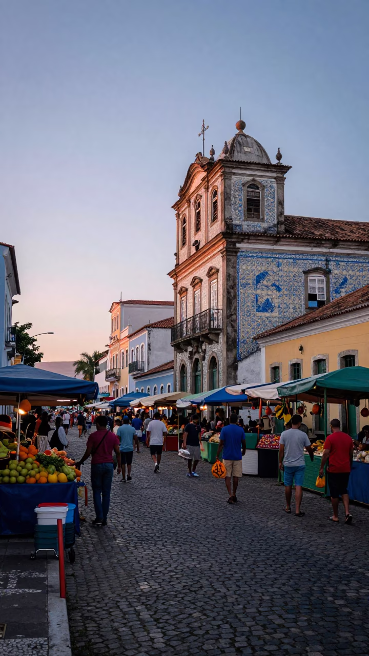 Colorful Pre-Dawn Street Scene in Salvador Brazil with Local Market Activity in in Salvador, Brazil