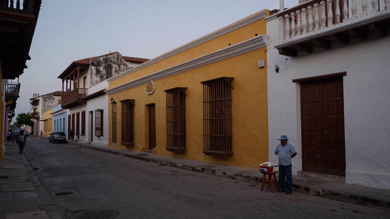 Colorful Predawn Street Scene in Cartagena Colombia with Vendor and Stool in in Cartagena, Colombia