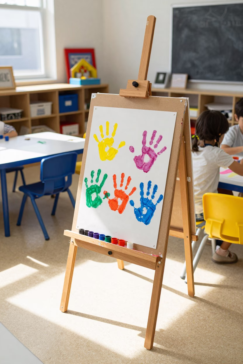 Colorful Preschool Art Class Scene with Tempera Handprints on Easel in San Francisco Midday in in San Francisco, California, United States